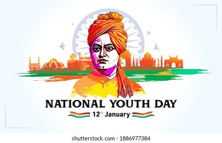 Swami Vivekananda Jayanti vector illustration, 12th January National Youth Day of India, remembering Swami Vivekananda, monument, tricolor flag and  typography text