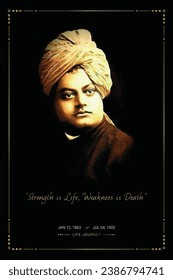 Foto del retrato de Swami Vivekananda en su aniversario de nacimiento o cumpleaños llamado Día Nacional de la Juventud en India. Era un monje hindú, filósofo, autor, profesor religioso.