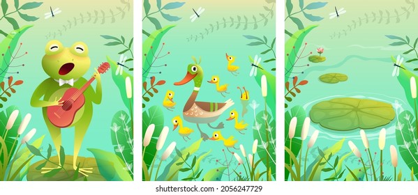 Swamp animals collection  Frog singing waterlily  mother duck and ducklings the pond  Cute lake wildlife   empty background  Vector illustration in watercolor style 