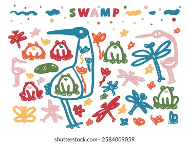 Swamp Animals Colorful Doodle Vector Isolated Set