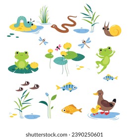 Swamp with Animals and Growing Water Plants Vector Set