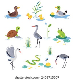 Swamp with Animals and Growing Water Plants Vector Set