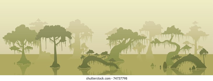Swamp background with several trees. Vector illustration with simple gradients. The tree lines are in separate layers for easy editing.