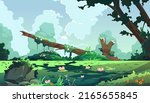 Swamp cartoon landscape. Forest background with marsh and lake, cartoon fantasy pond with moss and reed plants. Vector game illustration. Tree trunks and bog grass with lotus flowers