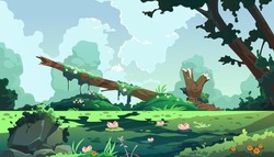 Swamp Cartoon Landscape. Forest Background With Marsh And Lake, Cartoon Fantasy Pond With Moss And Reed Plants. Vector Game Illustration. Tree Trunks And Bog Grass With Lotus Flowers