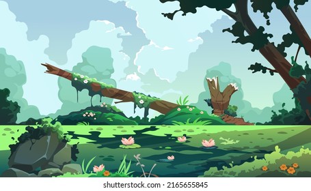 Swamp cartoon landscape. Forest background with marsh and lake, cartoon fantasy pond with moss and reed plants. Vector game illustration. Tree trunks and bog grass with lotus flowers