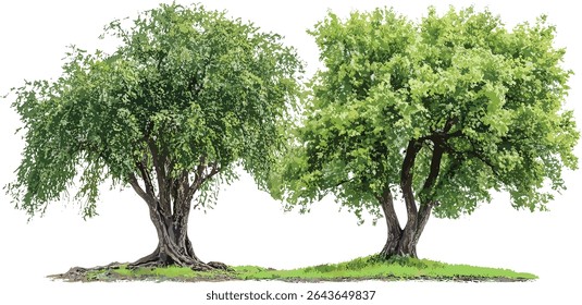 Swamp chestnut oak tree Quercus michauxii isolated cutout in sunny daylight, coastal plain willow Salix caroliniana, vector illustration, forest flora, native tree species.
