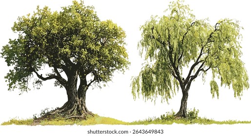 Swamp chestnut oak tree Quercus michauxii isolated cutout in sunny daylight, coastal plain willow Salix caroliniana, vector illustration, forest flora, native tree species.