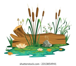 Swamp composition with isolated view of marsh with water lilac flowers stones mushrooms and wooden trunk vector illustration