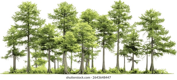 Swamp cypress frontal isolated trees, baldcypress Taxodium distichum cutout, bald cypress wetland species, vector illustration, riparian vegetation, deciduous conifer, environmental greenery.