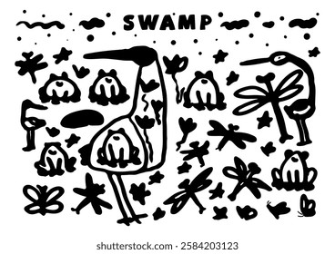 Swamp Doodle Vector Monochrome Isolated Set