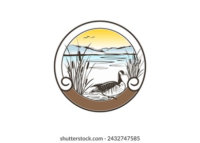 Swamp duck illustration design with bulrush plant, circular frame logo.