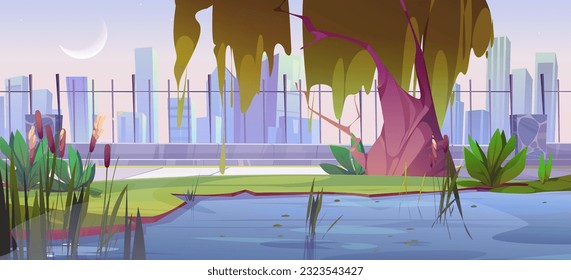 Swamp in early morning city park with reed and grass cartoon vector. Water pond near metal fence at sunrise environment nature scenery. Outdoor panoramic landscape with crescent and urban skyline