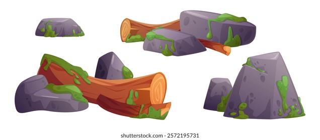 Swamp environment set with moss covered stones and wooden logs. Grey rocks and brown timber pieces with green vegetation patch. Natural landscape elements for game location design and adventure scene.