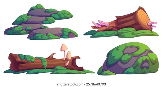 Swamp environment set with mossy logs, grey stones covered in green vegetation, pink mushrooms. Natural scene elements for fantasy locations - fallen trees, boulder clusters, moss patches and fungus.