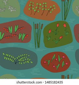 swamp with flowers and reeds pattern for seamless  background vector illustration
