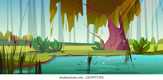 Swamp in forest with reed cartoon vector scene. Lake water with marsh plant on shore landscape illustration. Nobody in outdoor park environment with green willow tree stem and light ray on lawn