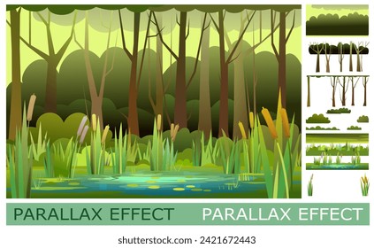 Swamp in forest. Set of slides for parallax effect. Funny cartoon style. Picture vector
