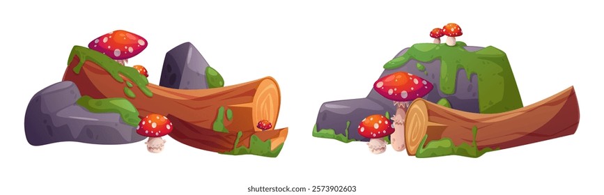 Swamp forest terrain pieces with fallen logs, gray rocks, moss and red spotted mushrooms. Mossy landscape elements covered by green slime, decorated with toadstools. Natural environment game assets.