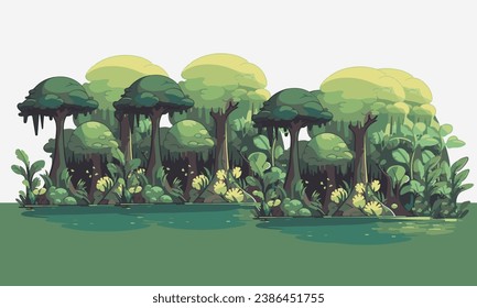 Swamp Forest. Tropical Peat Wet land. Dense, green tropical forest and a water swamp river.