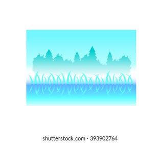 Swamp with grass on the forest background
