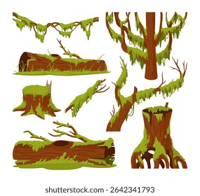 Swamp green moss. Moss plants growing on wood trunks, rainy forest lichen and fungus plants on rotten stumps flat vector illustration set. Cartoon moss collection