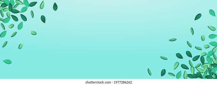 Swamp Greens Motion Vector Panoramic Blue Background Border. Swirl Leaves Plant. Lime Foliage Falling Pattern. Leaf Realistic Brochure.