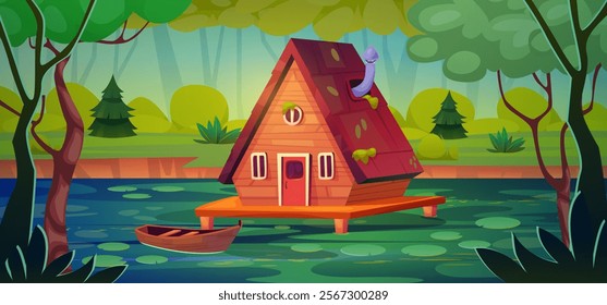 Swamp house. Stilt wooden hut boat in wild morass, witch home mysterious jungle mystic forest on pond or lake, marsh fantasy game cartoon scene landscape swanky vector illustration original artwork