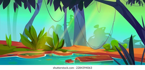 Swamp in jungle forest cartoon vector game background. Tropical scene with green water lake environment illustration. Fantasy bog with tree and liana, sunny summer day. Sunny amazon rainforest