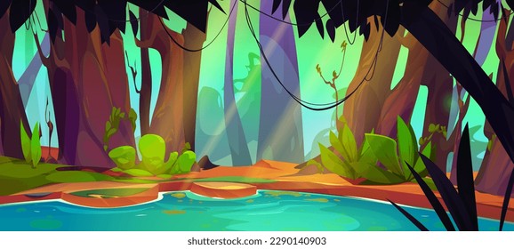 Swamp in jungle forest cartoon vector game background. Tropical scene with green water lake environment illustration. Fantasy bog with tree and liana, sunny summer day. Amazon rainforest