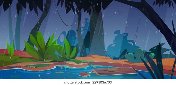 Swamp in jungle forest cartoon vector game background. Tropical scene with green water lake environment illustration. Fantasy bog with tree and liana, rainy summer day. Amazon rainforest