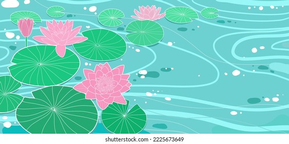 Swamp or lake  with lotus or water lily pads. Natural background with lotus flower and lotus leaves, wild pond covered with green waterlily plants, Cartoon vector illustration