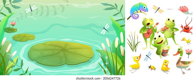 Swamp lake or pond scenery landscape with frogs, ducks and other animals playing musical instruments isolated on white. Vector cartoon illustration in watercolor style.