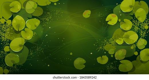 Swamp or lake top view with nenuphars or water lily pads. Natural background with deep marsh and lotus leaves, wild pond covered with duckweed and green waterlily plants, Cartoon vector illustration