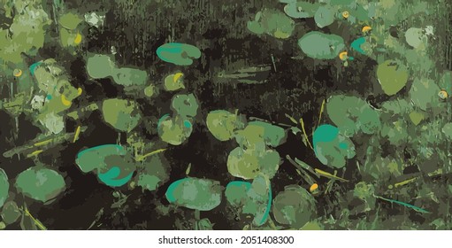 Swamp or lake top view with  water lily pads. Natural background with deep marsh and lotus leaves, wild pond covered with duckweed and green waterlily plants, artistic style vector illustration