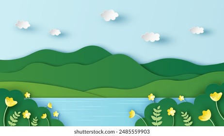 Paisaje pantanoso con flores. Paisaje natural de primavera. corte de papel y estilo artesanal. Vector, ilustración.