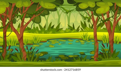 Swamp landscape. Forest river marsh cartoon game background, fantasy rainforest lake mysterious jungle stench pond with lily and moss trees lichen wood neoteric vector illustration of forest swamp