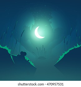 Swamp landscape with frog looking at moon