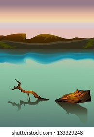 Swamp landscape with mountains and tree in the sunset background. Vector