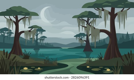 Swamp landscape at night with crescent moon and trees landscape illustration