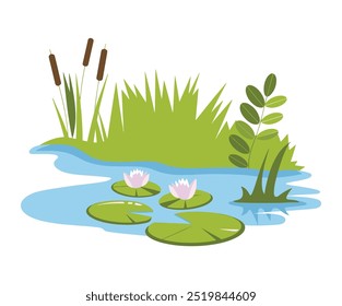 Swamp landscape with reeds and cattails, isolated element. Horizontally composed illustration of an overgrown pond shore. Ideal for nature-themed designs and environmental projects.