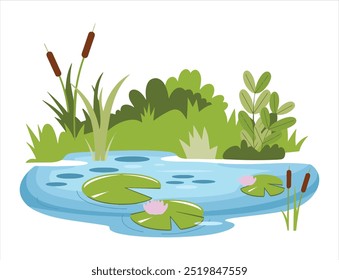 Swamp landscape with reeds and cattails, isolated element. Horizontally composed illustration of an overgrown pond shore. Ideal for nature-themed designs and environmental projects.