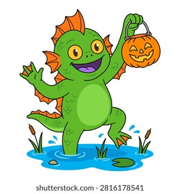 Swamp monster holding jack o lantern, water, cattails, Halloween character.