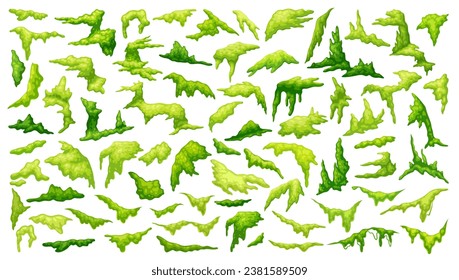 Swamp moss. Cartoon mosses, forest lichen for wood surface jungle vegetation shapes texture trees marsh fungus green plant set lichens game ui neoteric vector illustration of lichen moss green