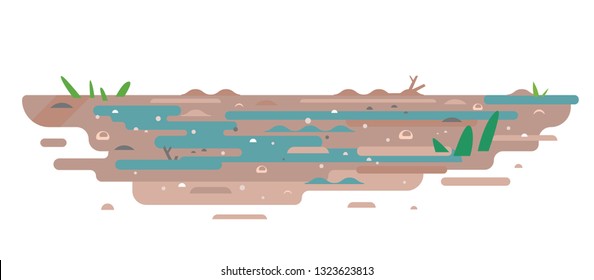 Sumpf mit schlammigem Boden und schmutzigem Wasser, brauner Boden mit Ton nach Regen in flachem Stil einzeln