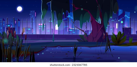 Swamp in night city park with reed and grass cartoon vector. Water pond near metal fence in dark environment nature scenery. Outdoor panoramic landscape with full moon light and neon urban skyline