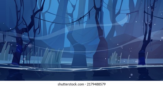 Sumpf im Nachtwald mit gruseligen Bäumen, Weinbergen und geheimnisvollen Hasen, die über tiefes Wasser schweben. Naturlandschaft mit Sumpf aus Holz. Spielhintergrund, mystischer Wildteich, Vektorgrafik von Cartoon