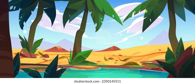 Swamp and palm tree in egypt desert oasis landscape backdrop. Clouds in sky and cartoon arabian sahara land scene with tropical leaves. Drought illustrated game panorama with nature on water coast