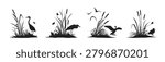 Swamp plants thickets. Black and white monochrome silhouettes of grass, umbrella rush, marsh iris with bird, stork and crane. Flat hand drawn vector illustration collection isolated on background