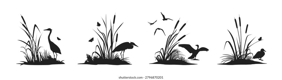 Swamp plants thickets. Black and white monochrome silhouettes of grass, umbrella rush, marsh iris with bird, stork and crane. Flat hand drawn vector illustration collection isolated on background